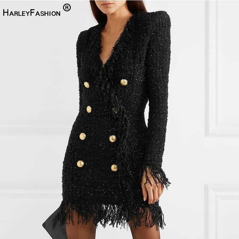 HarleyFashion 2019 Autumn Winter Design Sexy V-neck Double Breasted Tweed Slim Straight Tassel Dress High Quality