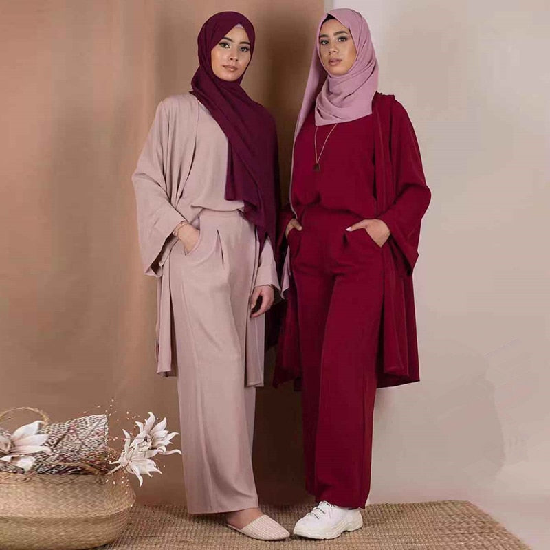 Three-piece Abaya Turkish Kimono Tops Pants Muslim Dress Abayas Hijab Robe Dubai Caftan Kaftan Islam Clothing For Women Djellaba