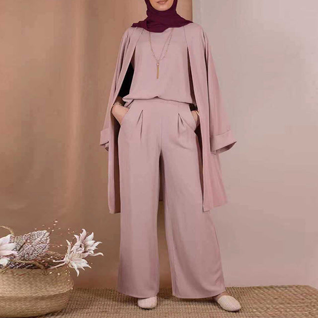 Three-piece Abaya Turkish Kimono Tops Pants Muslim Dress Abayas Hijab Robe Dubai Caftan Kaftan Islam Clothing For Women Djellaba
