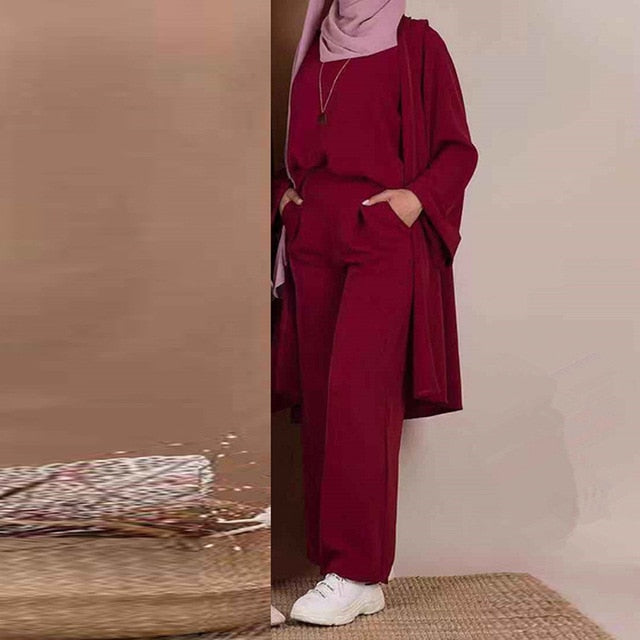 Three-piece Abaya Turkish Kimono Tops Pants Muslim Dress Abayas Hijab Robe Dubai Caftan Kaftan Islam Clothing For Women Djellaba