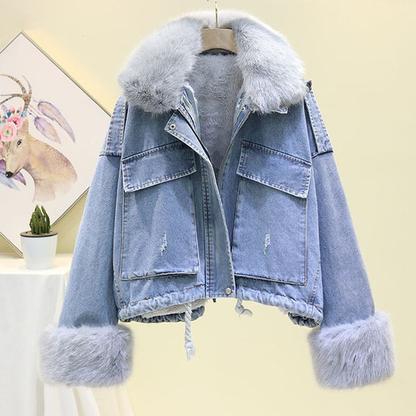 Winter Women's Denim Jacket With Fur Coat Women Jean Jacket 2019 Winter Denim Jacket Women parka Female Wool Liner Warm Parkas