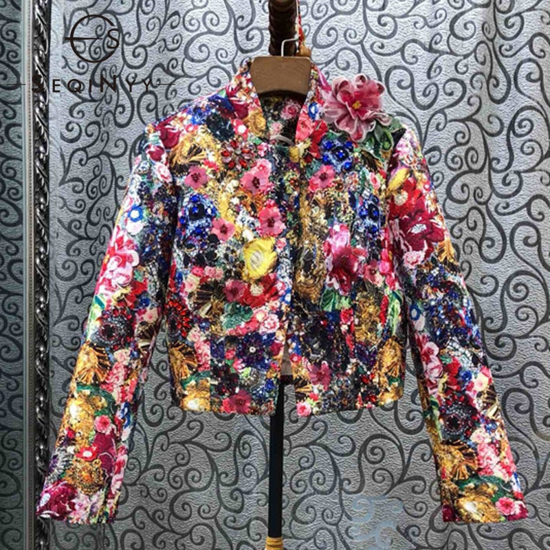 SEQINYY Luxury Jacket 2020 Spring Autumn New Fashion Design Bead Sequins Crystal Colorful Flowers Print Jacquard Top Women