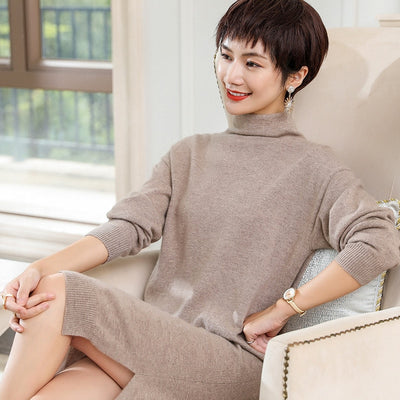 Sexy Knee-length Dress for Women 100% Pashmina Knitting Jumpers Turtleneck With Split Pure Cashmere Dresses Ladies Clothes