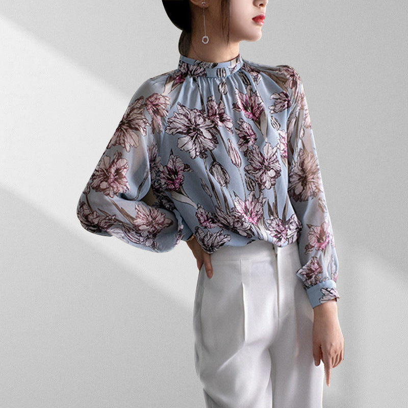 2019 fall women's luxury long sleeve 100% real silk printed shirt and blouses for female