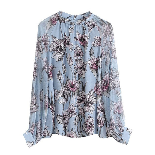 2019 fall women's luxury long sleeve 100% real silk printed shirt and blouses for female