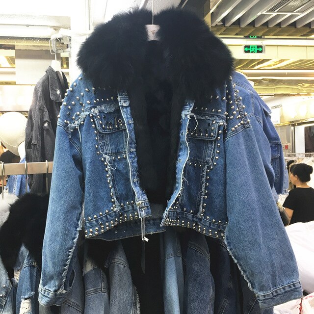 fox fur rivet cropped denim jacket korean jeans jacket women fashion jackets 2019 new winter thick loose veste femme