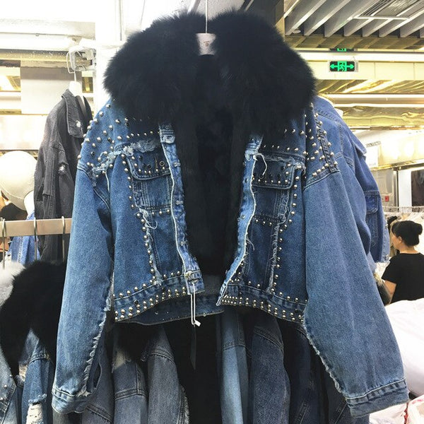 fox fur rivet cropped denim jacket korean jeans jacket women fashion jackets 2019 new winter thick loose veste femme