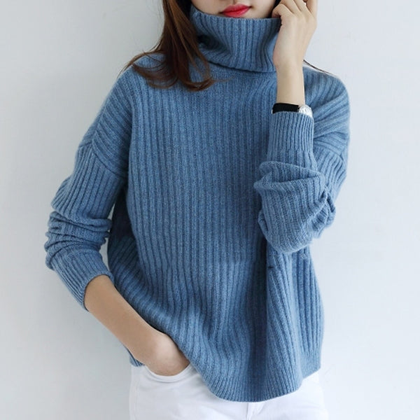 Women Sweater 100% Cashmere and Wool Knitting Jumpers Ladies Turtleneck Pullovers Loose Style Girl Knitwear Winter Standard Tops