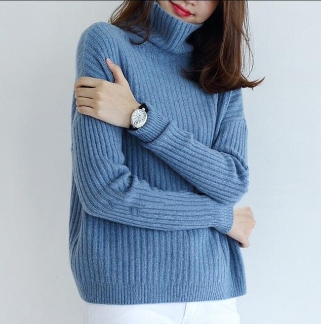 Women Sweater 100% Cashmere and Wool Knitting Jumpers Ladies Turtleneck Pullovers Loose Style Girl Knitwear Winter Standard Tops