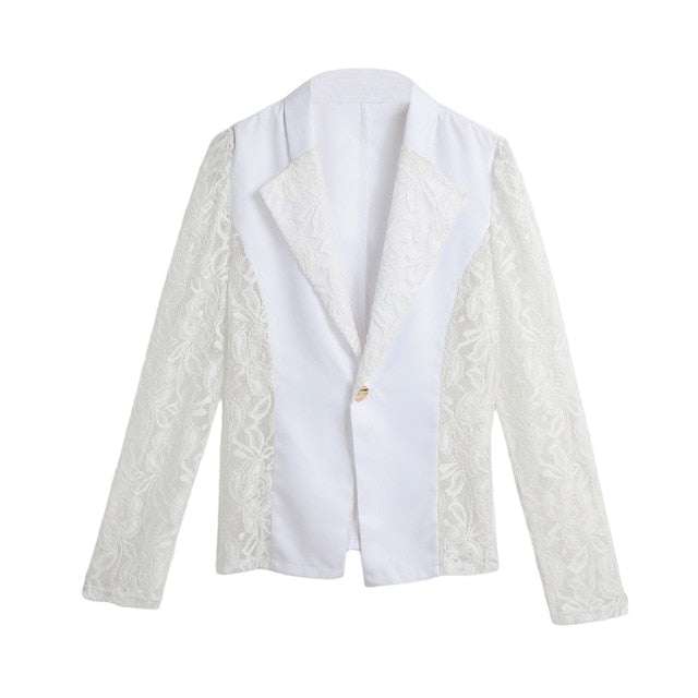 2019 Elegant Plus Size Women Blazer Black White Long Sleeve Hollow Out All Match Female Jacket Lace Patchwork Office Lady Suits