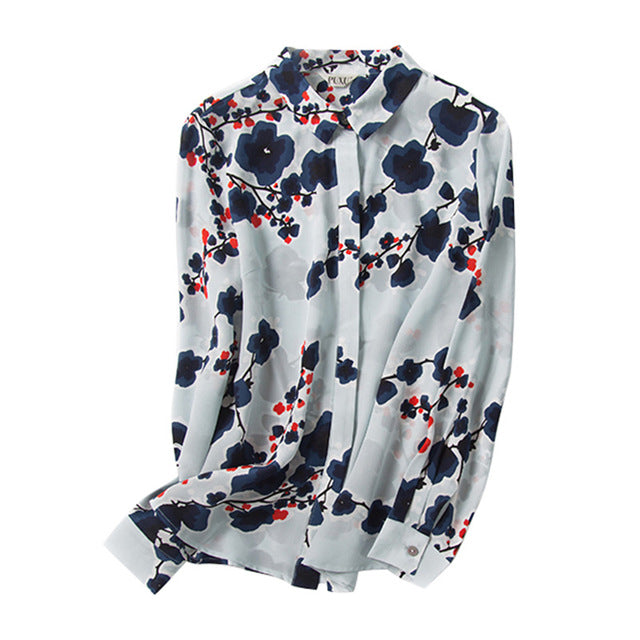 Women Silk Blouse 100% REAL SILK CREPE Vintage Floral print long sleeve button blouse shirt Blusas femininas 2019 Spring Shirt
