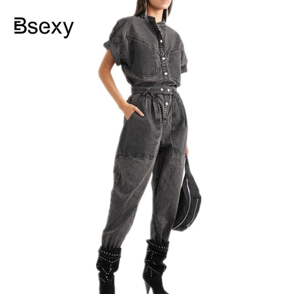 Runway rompers Denim womens jumpsuit 2019 Streetwear Women Overalls Loose Batwing Sleeve Long Black jeans Jumpsuits