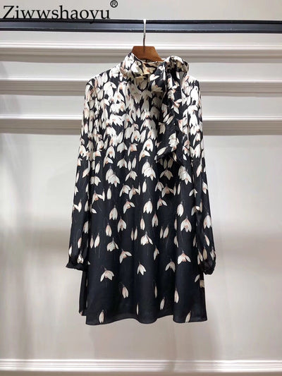 Ziwwshaoyu Heavy silk classic magnolia positioning printing elegant high-end quality long-sleeved dress neckline tie dress