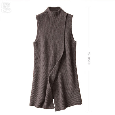 Women's Angora Cashmere High O-neck Thick Cape Long Vest Poncho Front Deep Slit Female Sleeveless Wrap Sweater Dress Winter