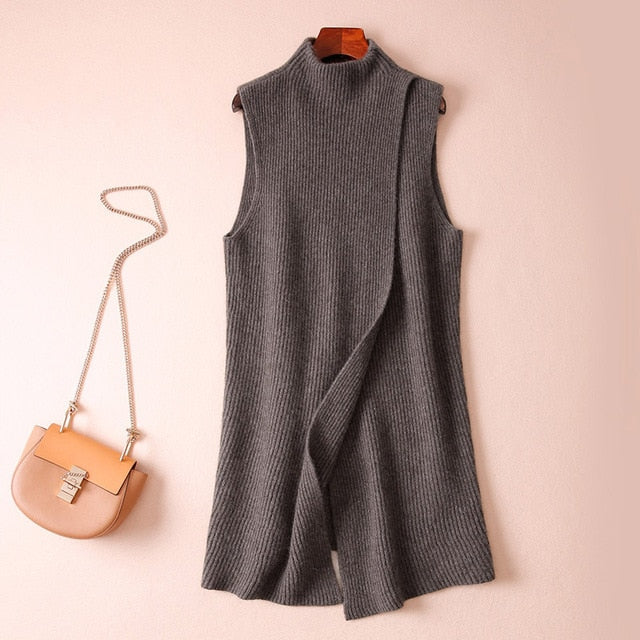 Women's Angora Cashmere High O-neck Thick Cape Long Vest Poncho Front Deep Slit Female Sleeveless Wrap Sweater Dress Winter