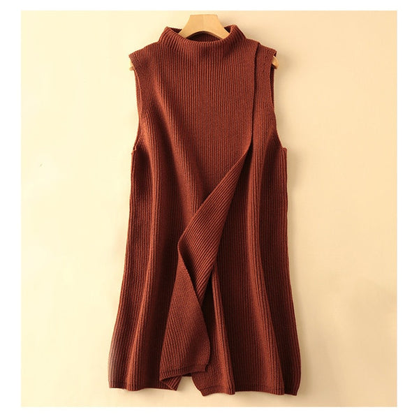Women's Angora Cashmere High O-neck Thick Cape Long Vest Poncho Front Deep Slit Female Sleeveless Wrap Sweater Dress Winter