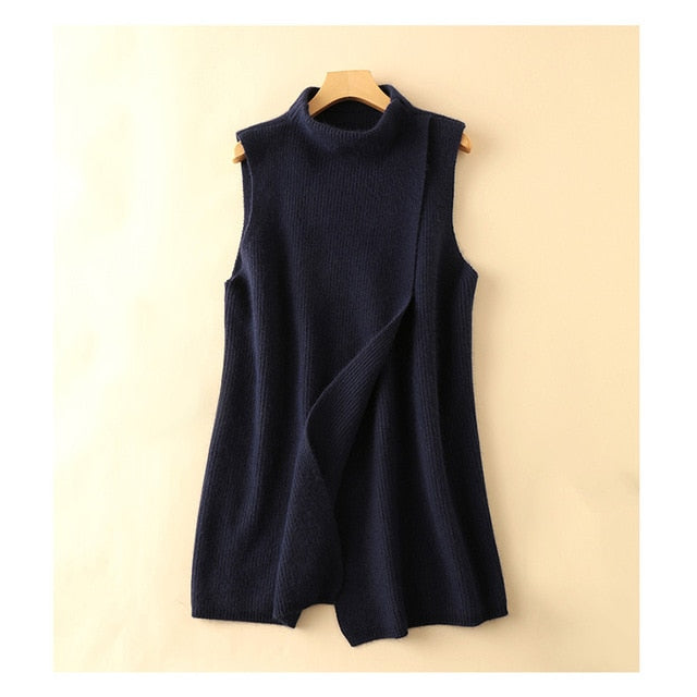 Women's Angora Cashmere High O-neck Thick Cape Long Vest Poncho Front Deep Slit Female Sleeveless Wrap Sweater Dress Winter