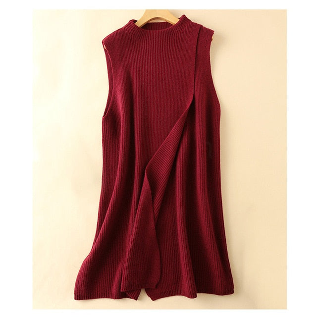 Women's Angora Cashmere High O-neck Thick Cape Long Vest Poncho Front Deep Slit Female Sleeveless Wrap Sweater Dress Winter