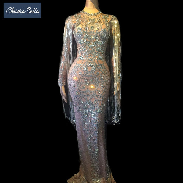 Crystals Long Tassel Party Bodycon Dress Women Long Sleeves Prom Wedding Floor Length Rhinestones Dress Singer Stage Dress