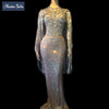 Crystals Long Tassel Party Bodycon Dress Women Long Sleeves Prom Wedding Floor Length Rhinestones Dress Singer Stage Dress