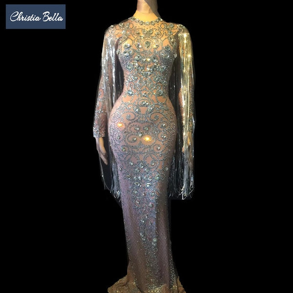 Crystals Long Tassel Party Bodycon Dress Women Long Sleeves Prom Wedding Floor Length Rhinestones Dress Singer Stage Dress