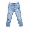 Autumn Winter Women Denim regular Pants Stretch Destroyed Medium Waist Acid Snow Blue Slim Elastic Ripped Lady Jeans, Patches