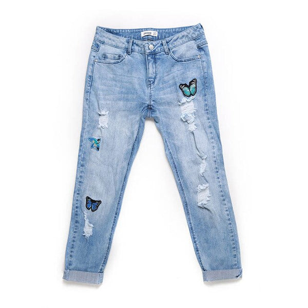 Autumn Winter Women Denim regular Pants Stretch Destroyed Medium Waist Acid Snow Blue Slim Elastic Ripped Lady Jeans, Patches
