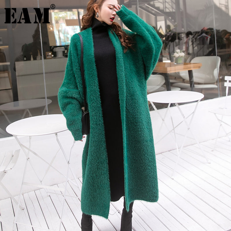 [EAM]2019 New Atumn V-collar Long Sleeve Black Loose Big Size Long Knitting Thickening Sweater Women Fashion Tide JH2480