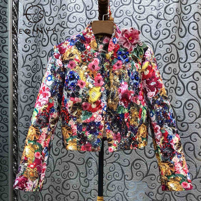 SEQINYY Luxury Jacket 2020 Spring Autumn New Fashion Design Bead Sequins Crystal Colorful Flowers Print Jacquard Top Women