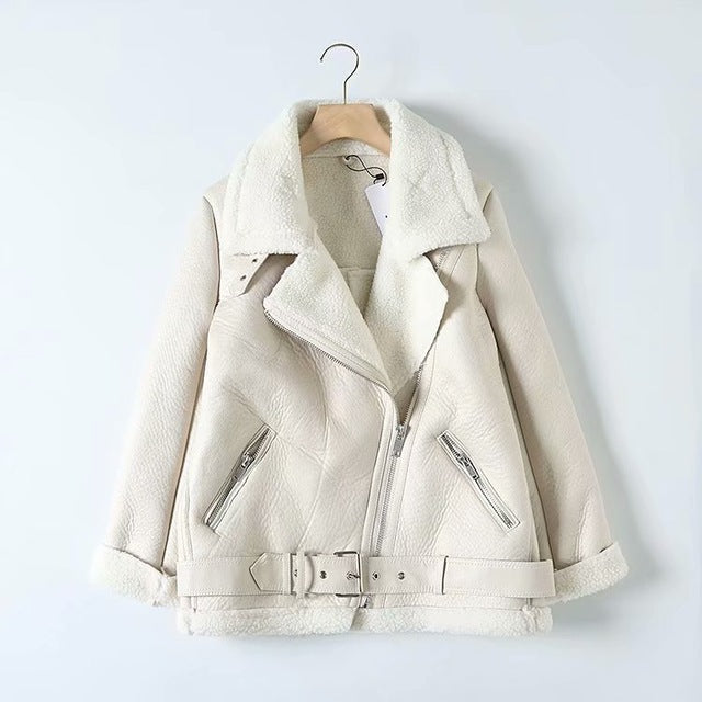 Tangada Women beige fur faux leather jacket coat with belt turn down collar Ladies 2019 Winter Thick Warm Oversized Coat 5B01