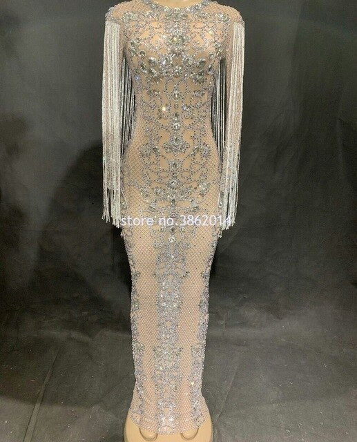 Black Mesh See Through Sparkly Crystals Long Dress Evening Party Rhinestones Dresses Birthday Tassel Stage Costume Fringes Dress