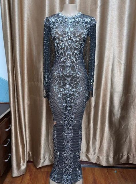 Black Mesh See Through Sparkly Crystals Long Dress Evening Party Rhinestones Dresses Birthday Tassel Stage Costume Fringes Dress