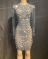 Black Mesh See Through Sparkly Crystals Long Dress Evening Party Rhinestones Dresses Birthday Tassel Stage Costume Fringes Dress