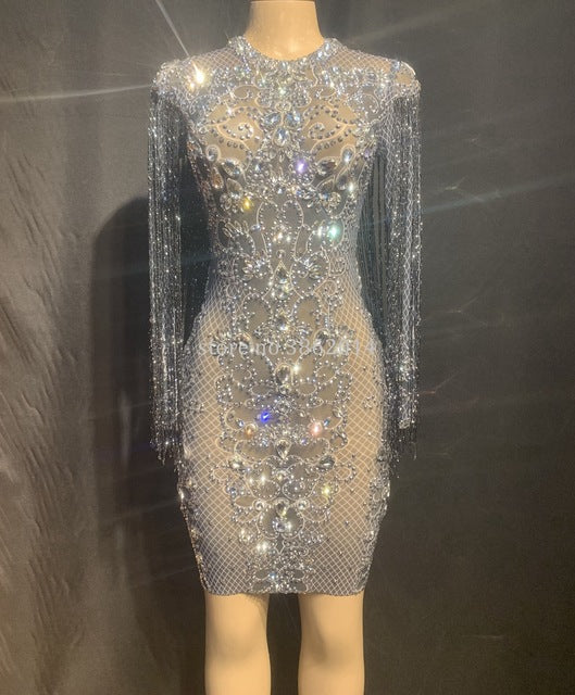Black Mesh See Through Sparkly Crystals Long Dress Evening Party Rhinestones Dresses Birthday Tassel Stage Costume Fringes Dress