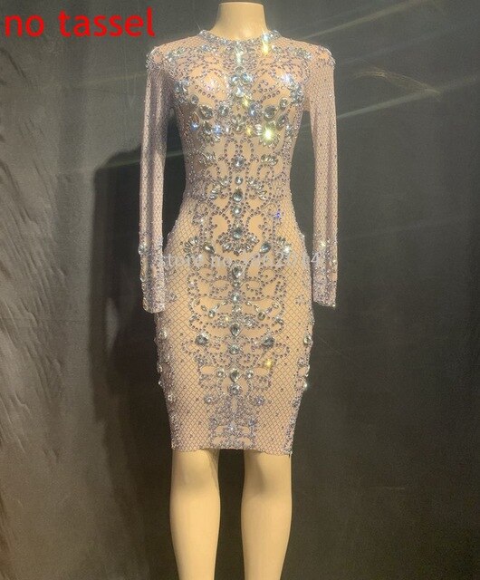 Black Mesh See Through Sparkly Crystals Long Dress Evening Party Rhinestones Dresses Birthday Tassel Stage Costume Fringes Dress