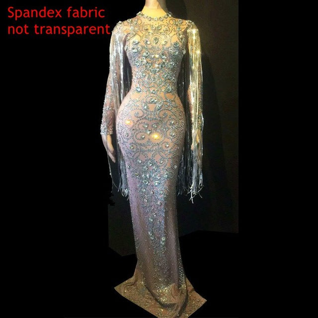 Black Mesh See Through Sparkly Crystals Long Dress Evening Party Rhinestones Dresses Birthday Tassel Stage Costume Fringes Dress