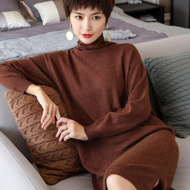 Sexy Knee-length Dress for Women 100% Pashmina Knitting Jumpers Turtleneck With Split Pure Cashmere Dresses Ladies Clothes