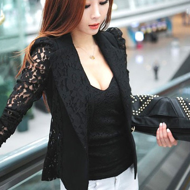 2019 Elegant Plus Size Women Blazer Black White Long Sleeve Hollow Out All Match Female Jacket Lace Patchwork Office Lady Suits
