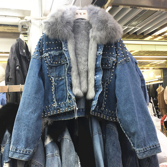 Denim crop jacket w/ faux fur collar - Blumarine - Women | Luisaviaroma