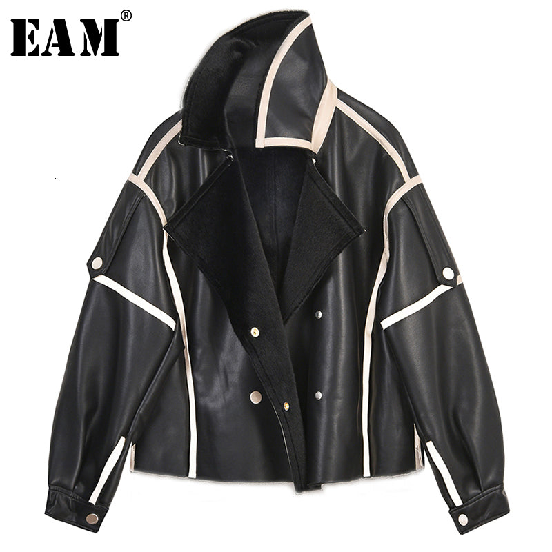 [EAM] Loose Fit Black Big Size Pu Leather Short Jacket New Lapel Long Sleeve Women Coat Fashion Tide Autumn Winter 2019 1M078