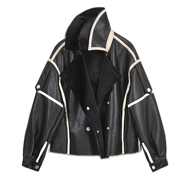 [EAM] Loose Fit Black Big Size Pu Leather Short Jacket New Lapel Long Sleeve Women Coat Fashion Tide Autumn Winter 2019 1M078