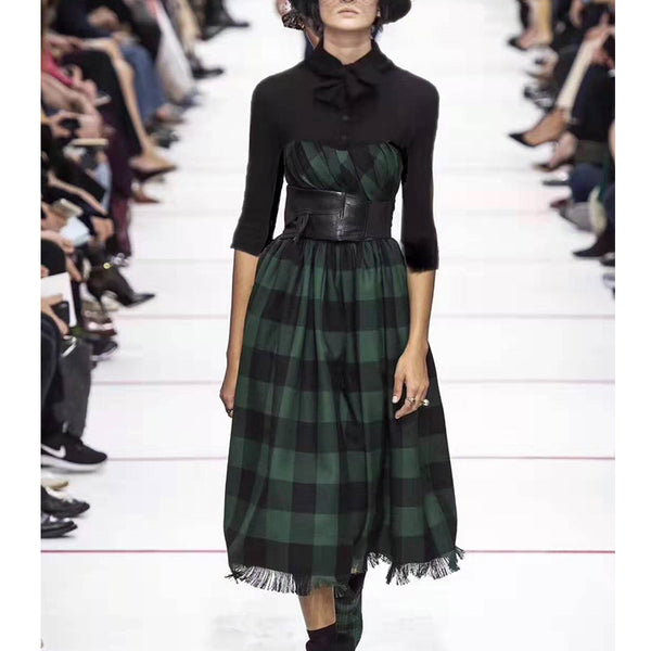 Cosmicchic Autumn Winter 2019 Fake Two Pieces Gothic Long Dress Bow Scarf Collar Green Black Plaid Vintage Maxi Party Dresses