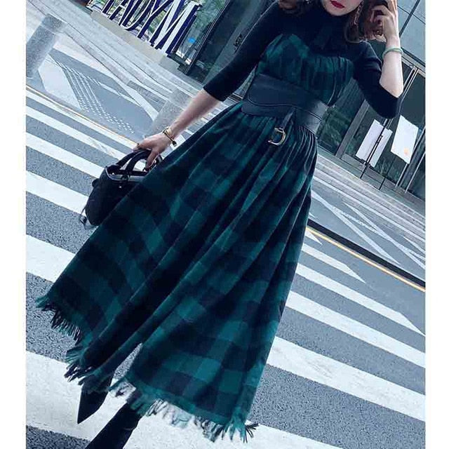 Cosmicchic Autumn Winter 2019 Fake Two Pieces Gothic Long Dress Bow Scarf Collar Green Black Plaid Vintage Maxi Party Dresses