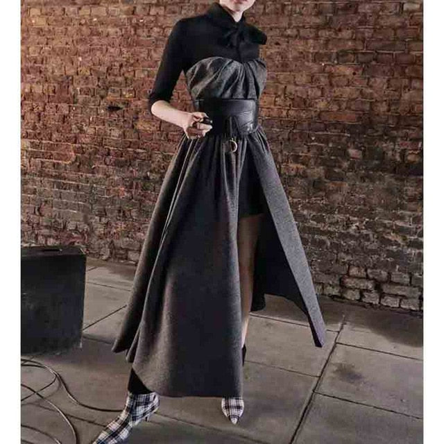 Cosmicchic Autumn Winter 2019 Fake Two Pieces Gothic Long Dress Bow Scarf Collar Green Black Plaid Vintage Maxi Party Dresses