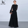 LD LINDA DELLA Fashion Runway Maxi Dresses Women's Long Sleeve Lace Patchwork Ruffles Vintage Black Dress Elegant Party Dress