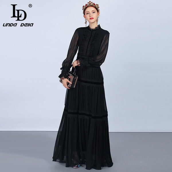 LD LINDA DELLA Fashion Runway Maxi Dresses Women's Long Sleeve Lace Patchwork Ruffles Vintage Black Dress Elegant Party Dress