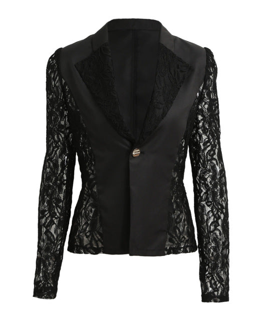 2019 Elegant Plus Size Women Blazer Black White Long Sleeve Hollow Out All Match Female Jacket Lace Patchwork Office Lady Suits