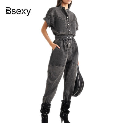 Runway rompers Denim womens jumpsuit 2019 Streetwear Women Overalls Loose Batwing Sleeve Long Black jeans Jumpsuits